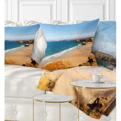Design Art Serene Rocky Bay Portugal - Sea & Shore Printed Throw Pillow In Blue;black;brown;green;red;yellow