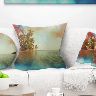 Design Art Serene Tropical Beach With Palms - Sea & Shore Printed Pillow In Blue;green