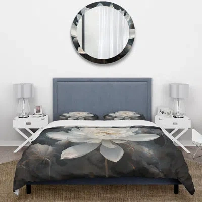 Design Art Serenity Blossom Lotus - Floral Duvet Cover Set - Microfiber Polyester In Black;white