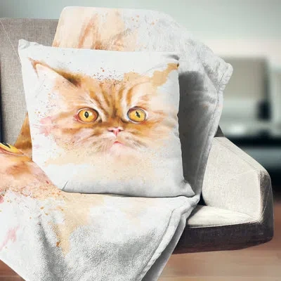 Design Art Serious Cat Face Watercolor Sketch - Animal Printed Pillow In Brown