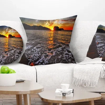 Design Art Setting Sun And White Waves - Sea & Shore Printed Pillow