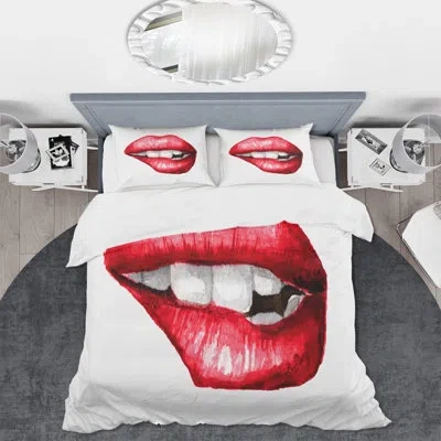 Design Art Sexy Plump Puffy Woman Lips Biting - Modern Duvet Cover Set - Microfiber Polyester In Red