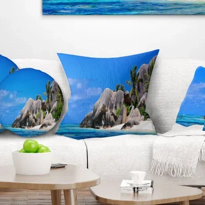 Design Art Seychelles Beach Panorama - Landscape Printed Pillow In Blue;black