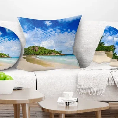Design Art Seychelles Tranquil Tropical Beach - Sea & Shore Printed Pillow In Blue;black;brown;green;red;yellow