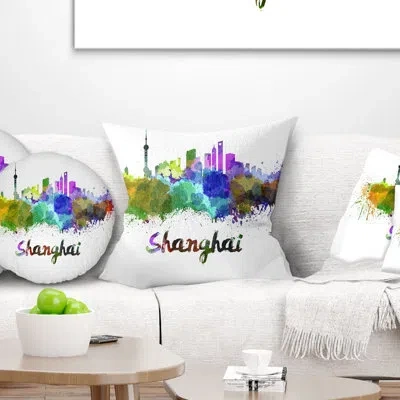 Design Art Shanghai Skyline - Cityscape Printed Pillow In Yellow;purple
