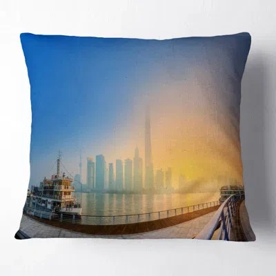 Design Art Shanghais Night With Lights - Cityscape Printed Pillow In Blue;black;brown;green;red;yellow