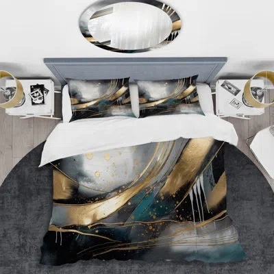 Design Art Shapes And Lines Abstract Marble Ii - Abstract Marble Duvet Cover Set - Microfiber Polyester In Black;gray;gold