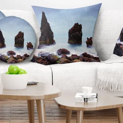 Design Art Sharp Rocky Coastline Raykjanes - Sea & Shore Printed Pillow In Blue
