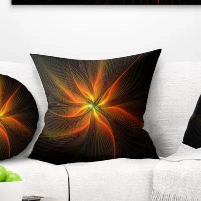 Design Art Shiny Golden Yellow Fractal Flower On Black - Floral Printed Pillow In Orange;gold