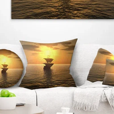 Design Art Ship And Sunset - Sea & Shore Printed Throw Pillow In Beige