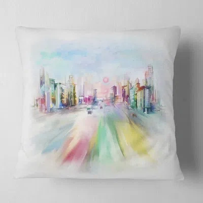 Design Art Silhouette Of Big City - Cityscape Printed Throw Pillow In Yellow;pink