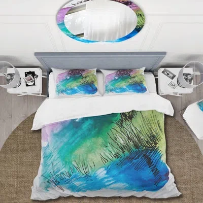 Design Art Silhouette Of Tree On The Riverbank At Night - Modern Duvet Cover Set - Microfiber Polyester In Green,blue,purple