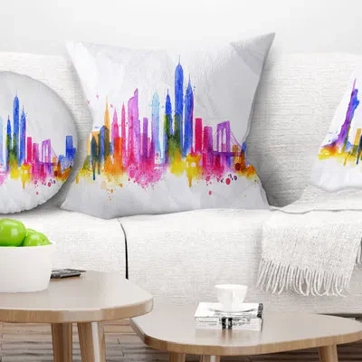 Design Art Silhouette Overlay New York - Cityscape Printed Pillow In Blue;pink