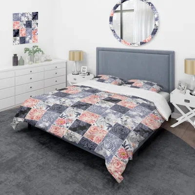 Design Art Silver And Peach Roses Patchwork - Patterned Duvet Cover Set