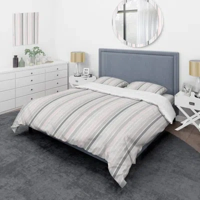 Design Art Silver And Pink Striped Pattern - Abstract Duvet Cover Set - Microfiber Polyester In Gray,ivory