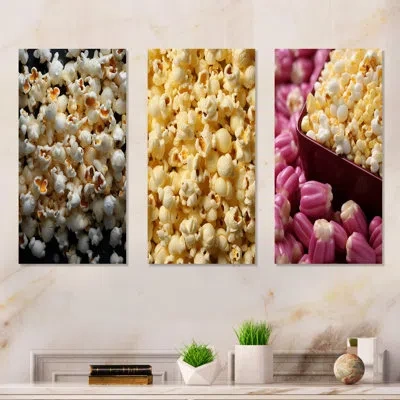 Design Art Silver Screen Popcorn Elegance I - Popcorn Wall Art Prints Set Of 3 In Wrapped Canvas