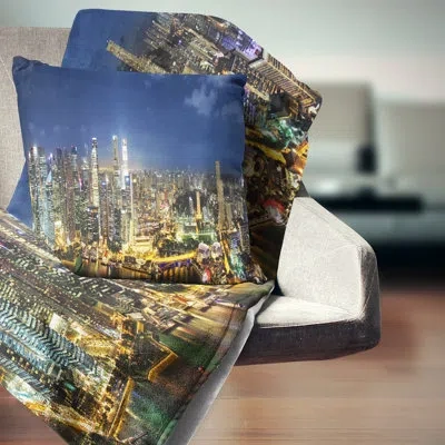 Design Art Singapore Skyscrapers Panorama - Cityscape Printed Pillow In Blue