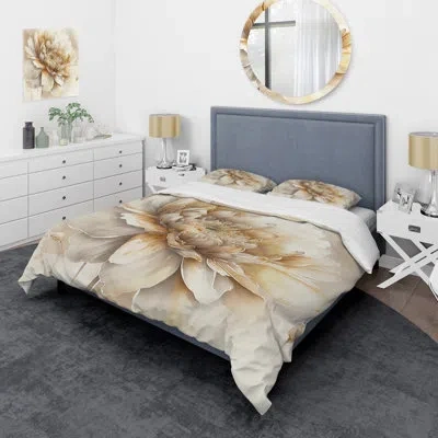Design Art Single Beige Flower V - Floral Duvet Cover Set - Microfiber Polyester In White;beige