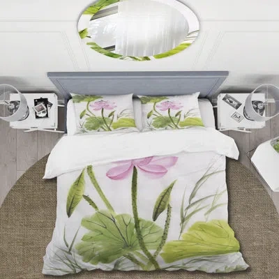 Design Art Single Vintage Lotus Flower With Green Leaves - Traditional Duvet Cover Set - Microfiber Polyester In Pink,green