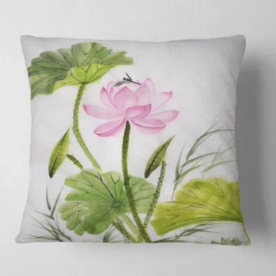 Design Art Single Vintage Lotus Flower With Green Leaves - Traditional Printed Throw Pillow In Pink