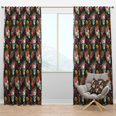 Design Art Skull And Flowers - Modern Curtain - Velvet Room Darkening - 1 Panel