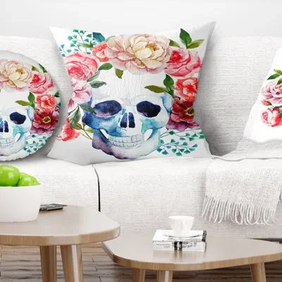 Design Art Skull Bouquet Vector Art - Contemporary Printed Throw Pillow In Blue;pink