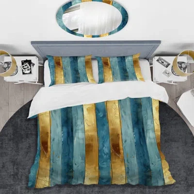 Design Art Sky Blue Gold Stripe Glam - Transitional Duvet Cover Set In Blue;gold