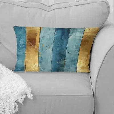 Design Art Sky Blue Gold Stripe Glam - Transitional Lumbar Pillow In Blue;gold