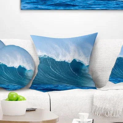 Design Art Sky Hitting Ocean Waves - Sea & Shore Printed Throw Pillow In Blue