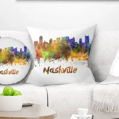 Design Art Skyline - Cityscape Printed Throw Pillow In Purple,yellow,blue