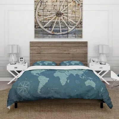 Design Art Slate World Map Ii - Traditional Duvet Cover Set - Microfiber Polyester In Blue