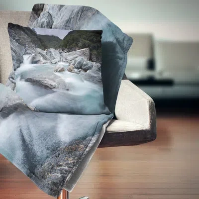 Design Art Slow Motion Mountain River And Rocks Landscape Printed Pillow In Blue