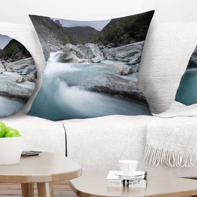 Design Art Slow Motion Mountain River In Blue - Sea & Shore Printed Pillow