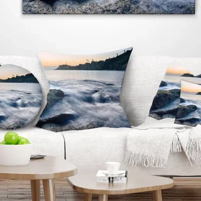 Design Art Slow Motion Sea Waves Over Rocks - Sea & Shore Printed Pillow In Blue