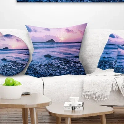 Design Art Slow Motion Waves On Rocky Beach - Sea & Shore Printed Pillow In Blue;black;brown;green;red;yellow
