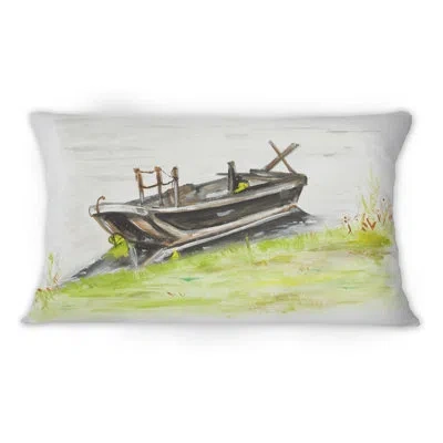 Design Art Small Boat By The Green Shore -1 Mission & Craftsman Printed Throw Pillow