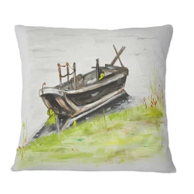 Design Art Small Boat By The Green Shore - Mission & Craftsman Printed Throw Pillow In Black;green