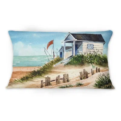 Design Art Small Bungalow On The Shore With Old Fence - Nautical & Coastal Printed Throw Pillow 1