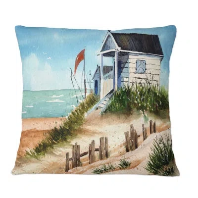 Design Art Small Bungalow On The Shore With Old Fence - Nautical & Coastal Printed Throw Pillow In Blue;white