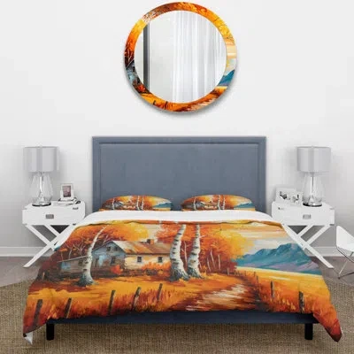 Design Art Small Cottage In Autumn Iii - Cottage Landscape Duvet Cover Set - Microfiber Polyester In Gray;orange