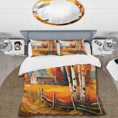 Design Art Small Cottage In Autumn Iv - Cottage Landscape Duvet Cover Set - Microfiber Polyester In Green;orange