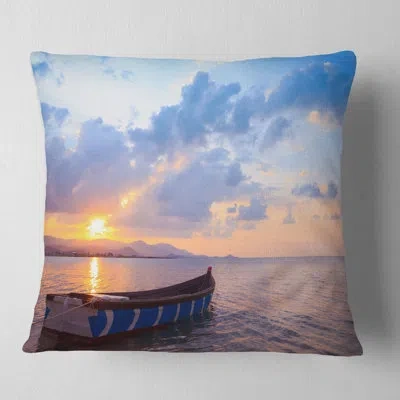 Design Art Small Fishermen Boat At Sunset - Sea & Shore Printed Throw Pillow In Blue