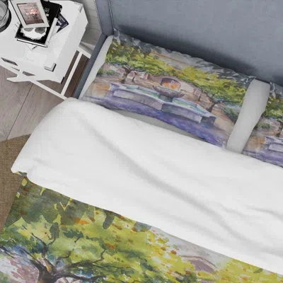 Design Art Small Fountain Picture With Trees In The Village - Country Duvet Cover Set - Microfiber Polyester In Green,purple
