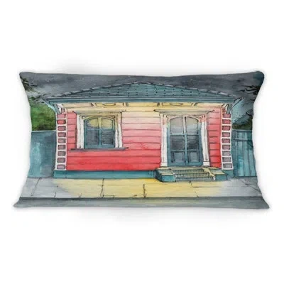 Design Art Small Red Clapboard House Lit By Lighted Lanterns - Bohemian & Eclectic Printed Throw Pillow 1