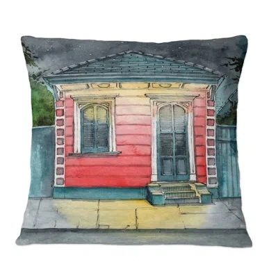 Design Art Small Red Clapboard House Lit By Lighted Lanterns - Bohemian & Eclectic Printed Throw Pillow