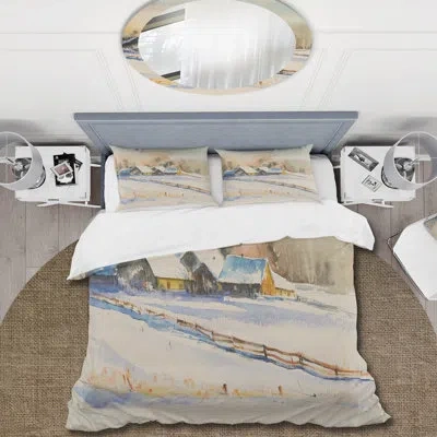 Design Art Small Village At Sunset Covered With Snow - Traditional Duvet Cover Set - Microfiber Polyester In Beige,blue,gray