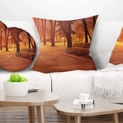 Design Art Snow Covered Benches In Evening - Landscape Printed Pillow In Blue;black;brown;green;red;yellow