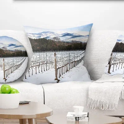 Design Art Snow Covered Vineyard Rows Italy - Landscape Printed Throw Pillow In White;green