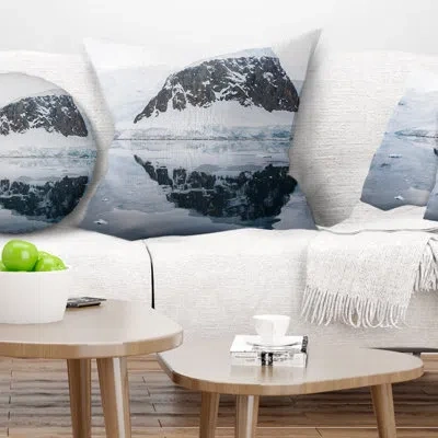 Design Art Snowcap Hill In Antarctica - Sea & Shore Printed Pillow In White