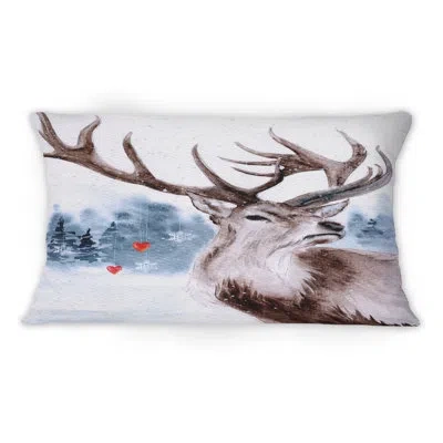 Design Art Snowy Landscape With A Reindeer And Winter Forest - Traditional Printed Throw Pillow 1